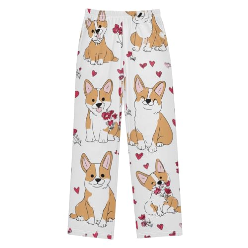 Corgi Dogs Love Heart Boys Long Pants Soft Trousers Elastic Waist Kids Lounge Bottoms with Pockets S-XL