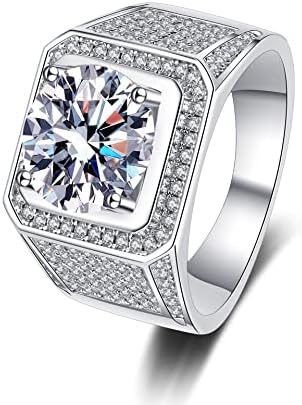 Men Moissanite Ring 2 Carats Solitaire Diamond Wedding Sterling Silver with 18K White Gold Plated D Color VVS1 Clarity Brilliant Round Cut Moissanite Engagement Anniversary Jewelry for Men Size 8.5