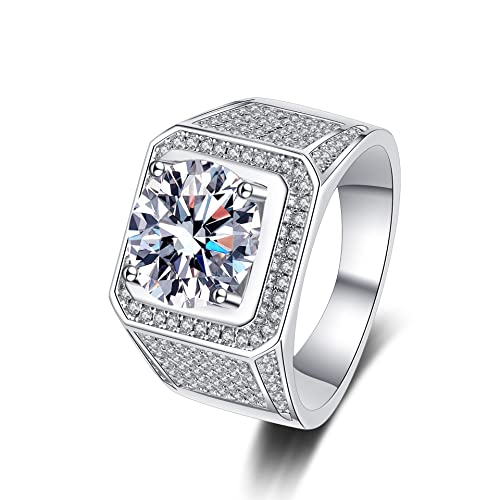 Men Moissanite Ring 2 Carats Solitaire Diamond Wedding Sterling Silver With 18K White Gold Plated D Color Vvs1 Clarity Brilliant Round Cut Moissanite Engagement Anniversary Jewelry For Men Size 8.5 #TOP2