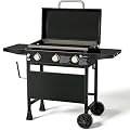 KingChii 28" 3-Burner Griddle with Integrated Protective Hood and Counter Height Side Shelves, Powder Coated Steel, Black