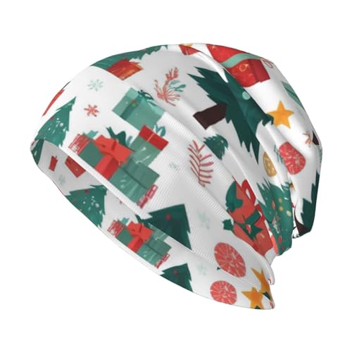 WHJSSF Gorro de punto con estampado de árboles de Navidad para adultos, adecuado tanto para hombres como para mujeres, gorra sin ala, cálida para todas las estaciones, color negro
