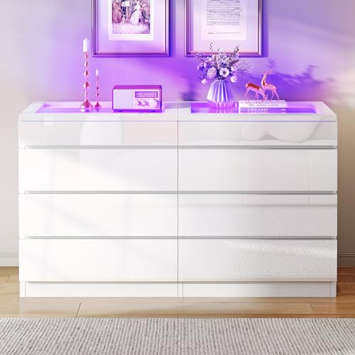 Dwvo MADWVKVVUR 8 Drawer Dresser With Led, White Dresser, Modern 8 Chest Of Drawers With Deep Drawers Glass Top High Gloss Surface thumb #2