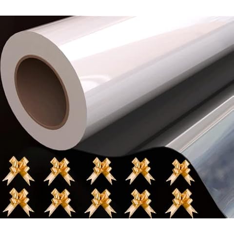 MAARA Clear Cellophane Wrap Roll for Hampers (30M x 40CM) with 10 Gold Pull Bows - 3 MIL Thick Clear Florist Cellophane Gift Wrap Roll For Flower Bouquet, Hamper Basket Cover