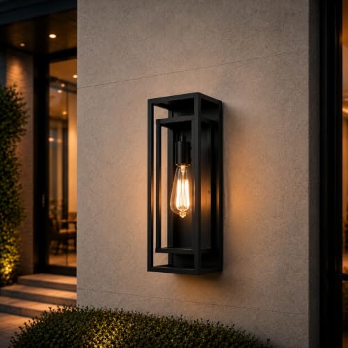 KsDhewi 18 Inch 1 Pack Outdoor Wall Lantern Light Fixture，Large Black Exterior Wall Sconce with Clear Glass | Waterproof Anti-Rust Porch Light with E26 Socket for Entryway, Patio, Garage