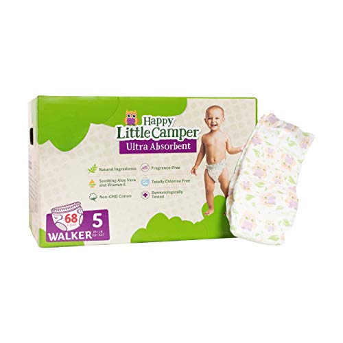 Happy Little Camper Natural Diapers, Size 5 (+27lbs) - Disposable Cotton Baby Diapers with Aloe, Ultra-Absorbent, Hypoallergenic and Fragrance Free for Sensitive Skin, 68 Count