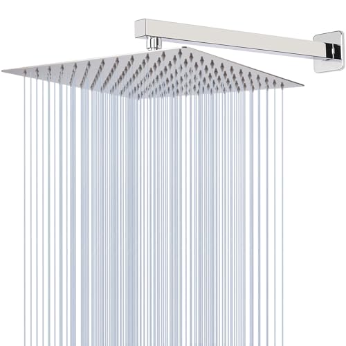 Soffione Doccia Katezon a Pioggia ad Alta Pressione da 25 cm con Braccio da 40 cm, Soffione Quadrato in Acciaio Inox, Ugelli Autopulenti in Silicone, Montaggio Universale a Parete e a Soffitto (Cromo)
