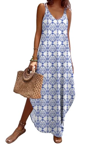 Image of Zeagoo Women's Casual Sundress Summer Maxi Sleeveless V Neck Split Boho Beach Dress Travel Vacation Dress with Pockets