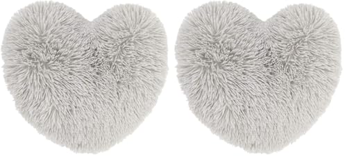 Image of Catherine Lansfield Cuddly Deep Pile Faux Fur Heart Shaped Cushion Silver Grey (Pack of 2)
