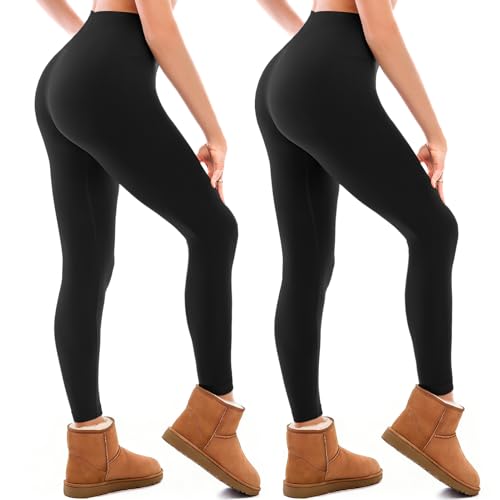 Walifrey Fleece gefütterte Leggings Frauen 2er-Pack Frauen hohe Taille thermische warme Winter Leggings für Workout Black XXL