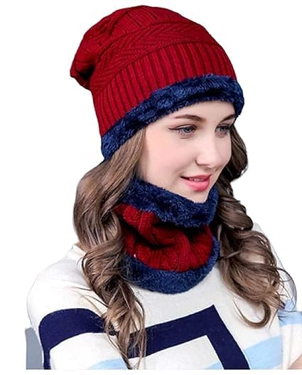 Maroon Color Men and Women Winter Woolen Thick Knitted Stretchable Soft Fleece Fur Lined Hat Neck Muffler-image-46