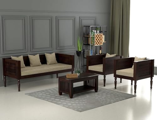 Image of Sheesham Wooden 5 Seater Sofa Set for Living Room | Rosewood Cushion Sofa | Solid Wood Sofa Set for Lounge (Walnut, 5 Seater)