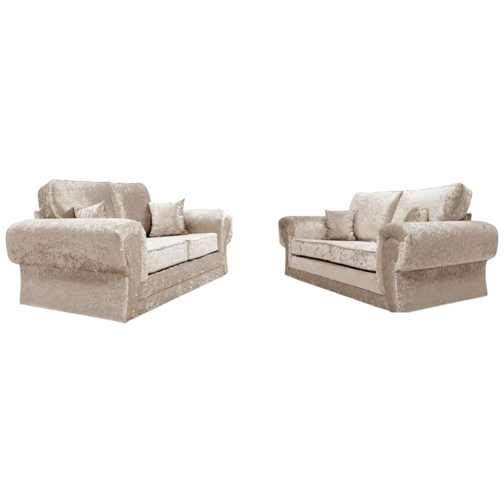 Tango 3 and 2 Seater - Crushed Velvet High Back Sofas - Silver 2 Seated Settee - Modern 2 Piece Settees Black - Upholstered Suites for Living Room Bedrooms Home Indoors Lounge (Mink)