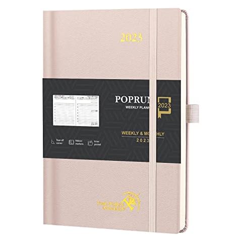 POPRUN Diary 2023 Week to View 22 x 16.5 cm Hardback - Vertical Weekly Planner A5 with Appointment, Dotted Note Pages, Inner Pocket, FSC® Certified 80 GSM Ivory Paper - Light Pink Cover