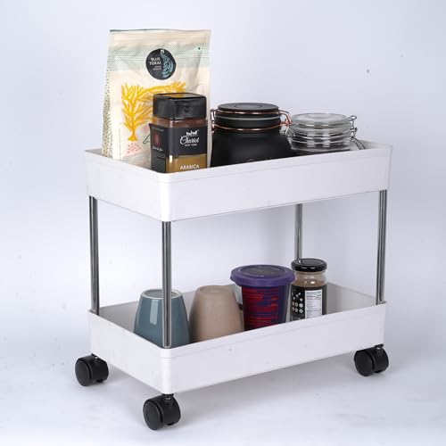 Image of 2 Tier Storage Rack, Kitchen Trolley, Storage Cart with Wheels, Rolling Storage Cart, Kitchen Storage Rack, Multipurpose Trolley (White)