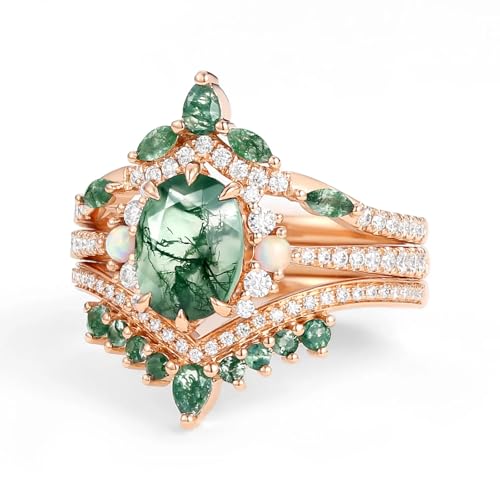 3PCS Oval Cut Gemstone Wedding Ring Set Bridal Set 1 CT Gemstone with Moss Agate and Opal Engagement Rings for Women S925 10K 14K 18K Gold Unique Anniversary Promise Rings Size 4-134