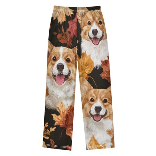 Corgi Dogs Maple Leaves Boys Long Pants Soft Trousers Elastic Waist Kids Lounge Bottoms with Pockets S-XL2