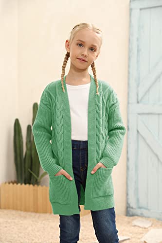 Image of Ermonn Girls Kids Open Front Cardigans Sweaters Long Sleeve Knit Cute Sweater Outwears with Pockets for 5-14 Years Green
