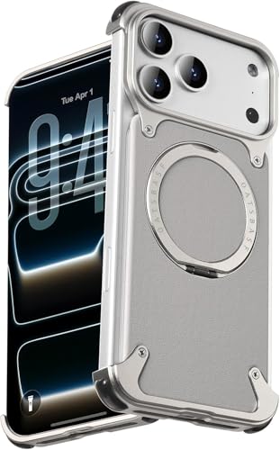 Image of Aluminum Frame Metal Bumper Compatible with iPhone 17 Pro Max | Simple Shield Air Cushion Shockproof | Edge Protection, Minimalist Slim - Black (Frame-Leather -Silver, iPhone 17 Pro Max)