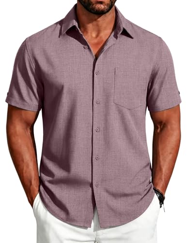 Image of COOFANDY Men's Button Down Shirts Short Sleeve Casual Shirts Summer Beach Linen Shirts with Pocket