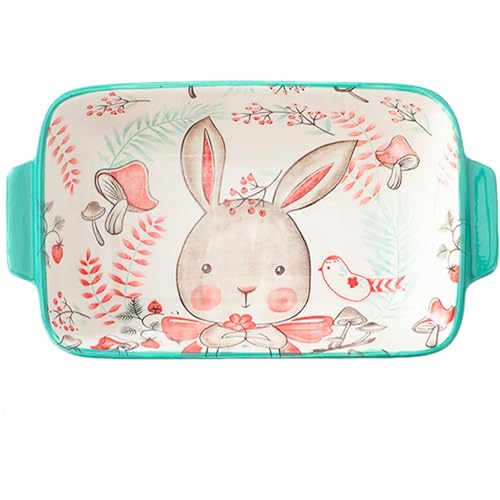 Fuente para hornear de cerámica rectangular con asas y diseño de animales de 8.7 pulgadas 2