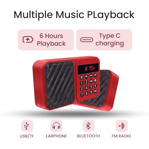 Image of Fire Turtle Fire Turtle Portable Bluetooth FM Radio Speaker with 6W HD Sound, Type-C Fast Charging, 12 Hours Playback, USB, TF Card, AUX Input, Number Keypad, Music Player for Home, M7 Red