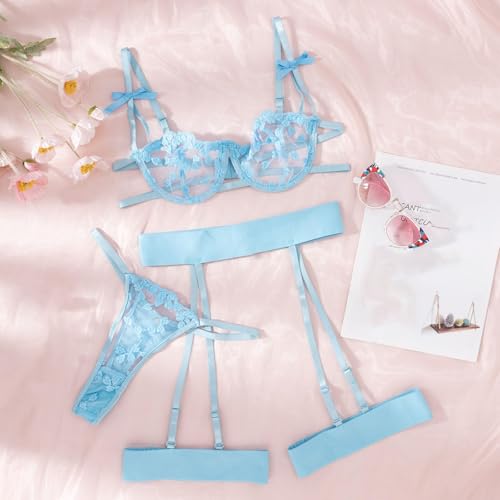 Image of Women Cute Bra Panty Lingerie Set with Garter Belt Lace Teddy Strap Babydoll Lingerie Romantic Bikini with Panty Gown Set for Women Party Set