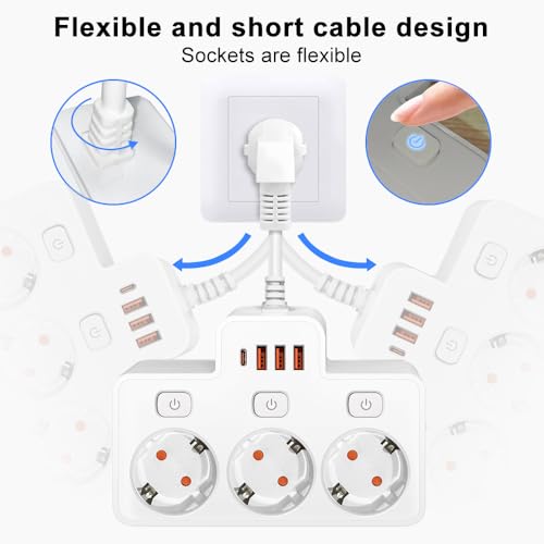 LEHOTPIA Steckdosenleiste mit USB, 3 Fach Mehrfachsteckdose Mit Einzelschalte Mehrfachsteckdose Mit 3 USB & 1 Type-C (5V 2,1A) für Küche Wohnzimmer Schlafzimmer(schwarz) 5