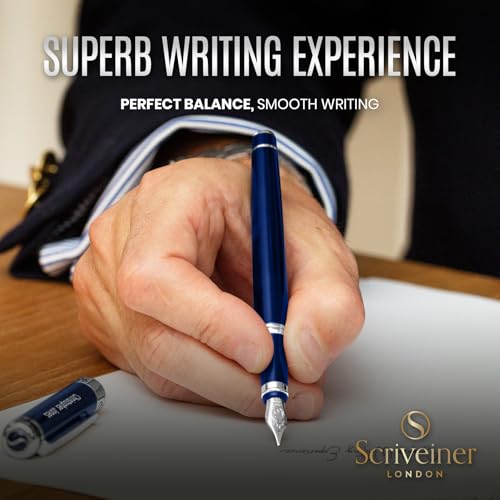 Image of Scriveiner Personalized Midnight Blue Fountain Pen - Stunning Blue Lacquer Luxury Pen, Chrome Finish, German Schmidt Nib (Medium), Best Engraved Pen Gift Set for Men & Women, Name Engraving