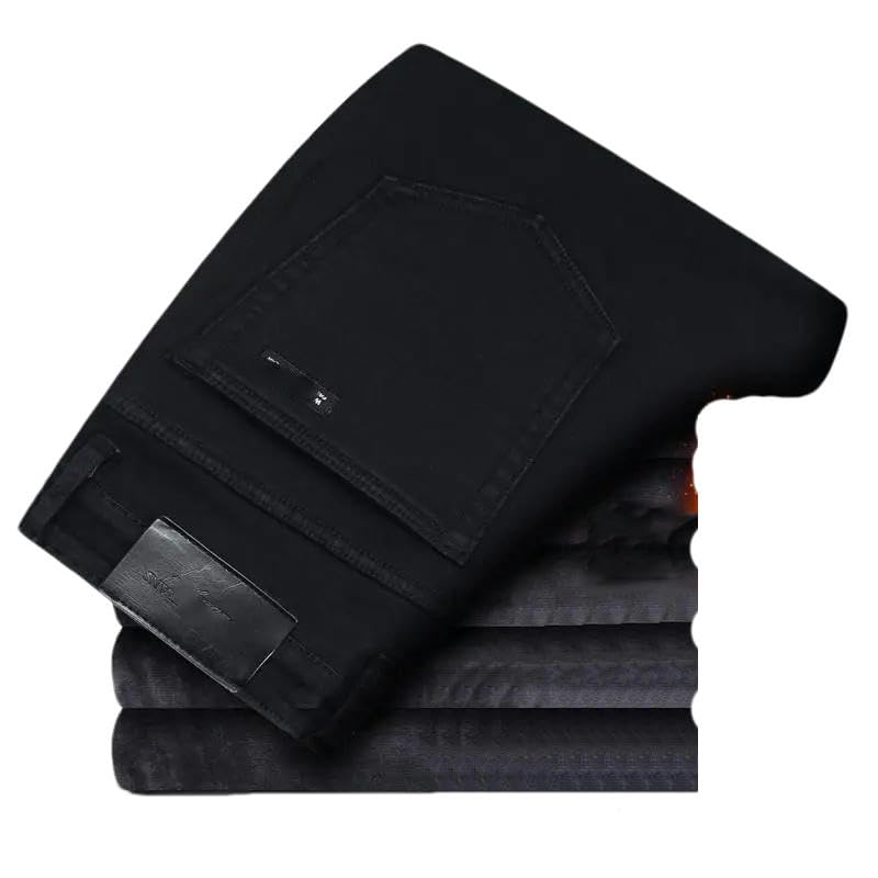 Winter Warm Denim Casual Fleece Jeans Men Elasticity Slim Fit Stretch Thick Pants Black Grey Blue Jeans