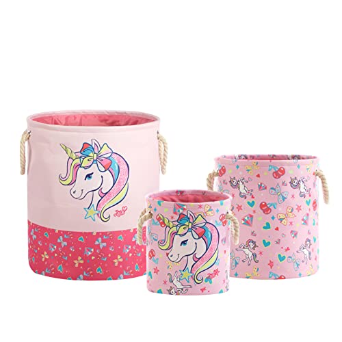 Image of JoJo Siwa Pink Bow and Unicorn 3 Piece Multi Size Fabric Nestable Toy Storage Basket Set, with Rope Carry Handles