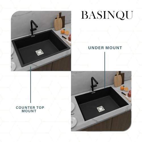 Image of BASINQU Quartz Kitchen Sink 24 x 18 x 9 Inch Granite Kitchen Sink Single Bowl Black Quartz Sink for Kitchen Basin Sound Dampening Scratch Resistant UV-Protected Noise Reducing sinks