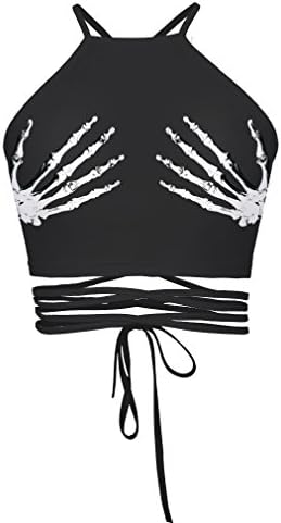 Shin Fashion Women Printed Halter Cross Hollow Bandage Tank Camis Crop Top Vest