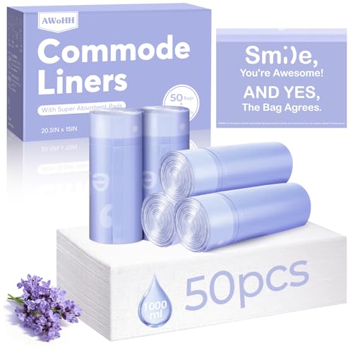 50 Commode Liners with Absorbent Pads, Tear-Free Leak-Proof Lavender Scented Bedside Commode Liners, Universal Disposable Commode/Bed Pan Liners for Bedside Commode, Standard Toilet (50Bags+50Pads)