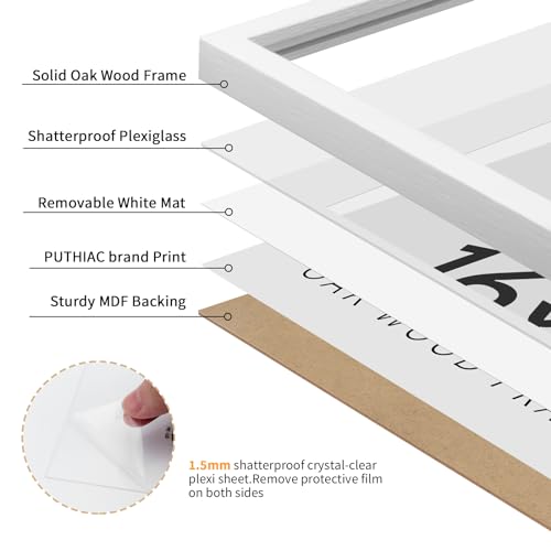 puthiac 16x16 White Picture Frames for Wall - Minimalist 16x16 Oak Wood Frames, 16"x16" Picture Frame Wood, Natural Solid Wooden Picture Frames for Wall Art Photo and Prints (1 Pack, White)