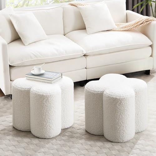 Image of Zesthouse Flower Pouf Ottomans Foot Rest Set of 2, Sherpa Fabric Poofy Ottomans Footstool for Couch Sofa, Modern Living Room Stool Seats for Hallway, Cute Square Vanity Stools for Bedroom Dorm, White