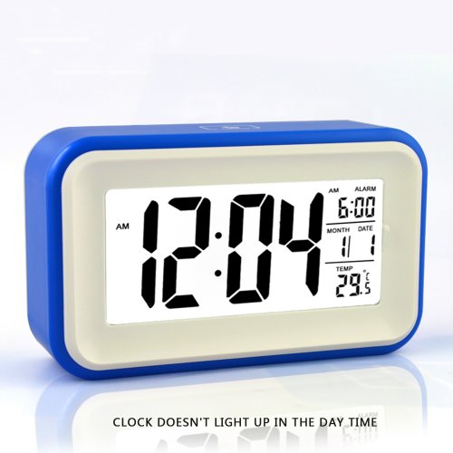 HITO153; 6” Alarm Clock w/ Date and Temperature Display, Repeating Snooze, Light-activated Sensor Light and Touch-activated Nightlight- Batteries/ USB powered (Blue)