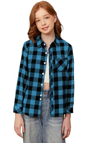 Image of SANGTREE Women and Girls Long Sleeve Flannel Casual Button Down Plaid Shirt