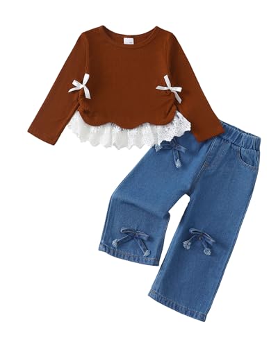 Image of Kucnuzki Toddler Baby Girl Clothes Long sleeve Fall Winter Shirt Tops Baggy Jeans Pants Set Kids Girls Outfits 2 Piece