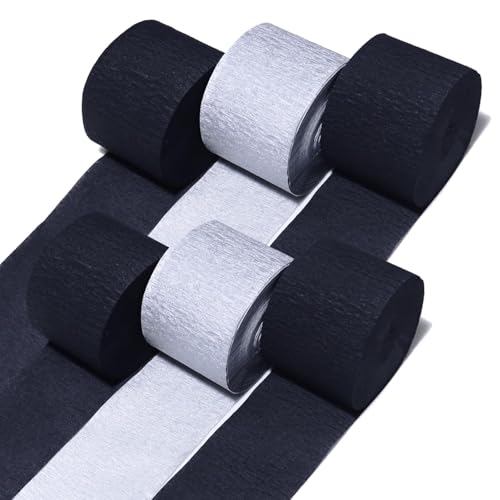 Image of 6 Silver Black Crepe Paper Streamers, 492ft Pack of Party Decorations | Each roll is 82 ft long and 1.8 Inch wide ideal for Birthday Party Decor, Wedding Decorations and Educational Ceremony