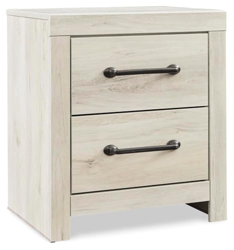 Image of Signature Design by Ashley Cambeck Farmhouse Industrial 2 Drawer Two Drawer Nightstand with 2 Slim-Profile USB Charging Stations, 24.37 inch Tall, Whitewash