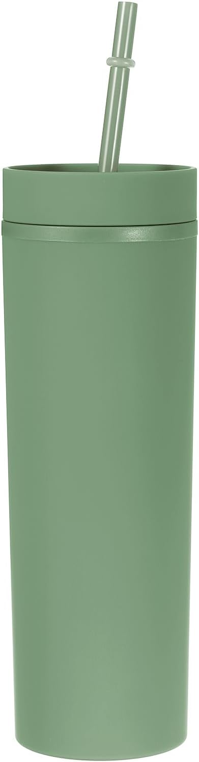 uxcell Skinny Tumbler with Lids and Straws, 16Oz Matte Light Green Skinny Tumbler Bulk, Reusable Pastel Acrylic Tumbler, Double Wall Plastic Tumbler for Cold Hot Drinks, Coffee DIY