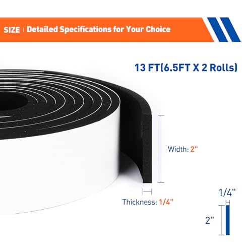Image of MAGZO Weather Stripping Door Seal, 2 Inch Wide X 1 /4 Inch Thick Adhesive Foam Tape Soundproof Weatherstripping for Windows, 2 Rolls Total 13FT Black