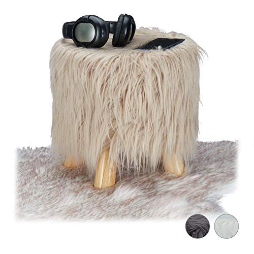 Relaxdays Fell Hocker, flauschig, 4 Holzbeine, gepolsterter...