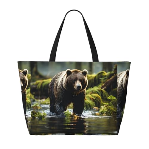 QWVBNbrown bear pounce Beach travel bag, lightweight and reusable, suitable for family trips, gym and outdoor adventures.2