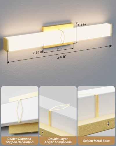 Image of Bathroom Light Fixtures Over Mirror,Bathroom Vanity Light,24inch Dimmable 25W 2500lm,Gold LED Vanity Lights,5700K Daylight LED Lighting Fixture,ETL Certified