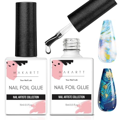 Makartt Nail Foil Glue Gel for Nail, Foil Gel Transfer for Nails Art Stickers Strong Adhesion Foil Transfer Gel Soak Off Nail Foil Kit Gel Nail Glue Manicure Salon DIY UV Lamp Required 15ML 2pcs
