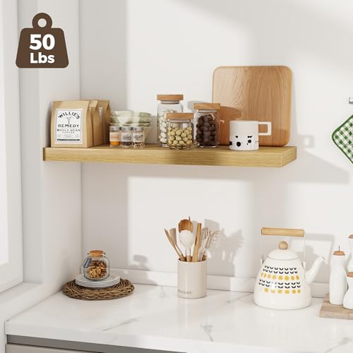 Image of Fun Memories Deep Floating Shelves, 32W x 12D Oak Wall Shelves, 32 Long Rustic Wood Wide Storage Shelves for Bedroom, Kitchen, Farmhouse, Laundry Room, Bedroom, Kitchen, Home Office- Set of 2