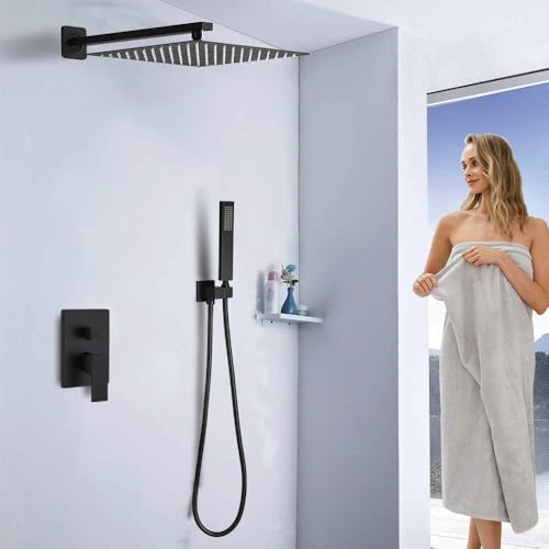 Image of Shower Faucet Set 16 Inch Wall Mount Rain Shower System, All Metal Shower Fixtures - Matte Black