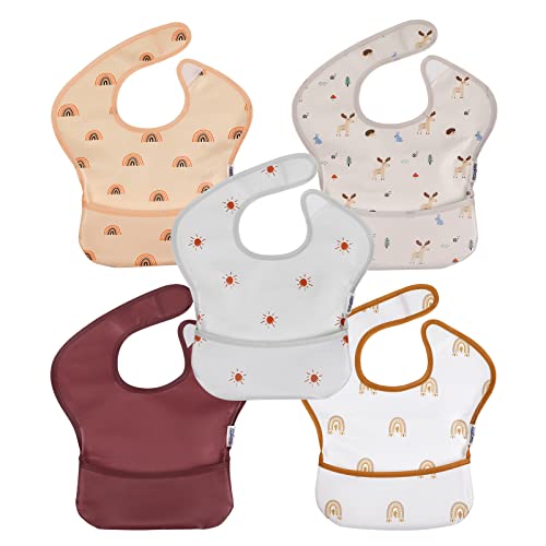 Soarwg Kids Baby Bibs, 5 Pack Waterproof Bibs for Boy and Girl, Essential Must Have for Babies Eating and Feeding, Travel-Friendly Adjustable