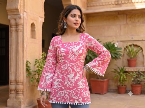 Image of Women's Premium Viscose Rayon Floral Printed Short Kurti | Stylish Bell Sleeves with Pom-Pom Lace | Tunic Top for Jeans & Office Wear